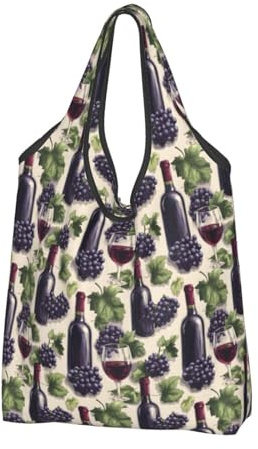 Elegante borsa della spesa riutilizzabile con stampa uva e vino, 2 pezzi, borsa della spesa pieghevole con manici