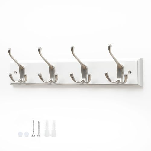Flatro Coat Hooks Wall-Mounted | Bamboo Coat Rack with 4 Triple Zinc Alloy Hooks to Hang Hats, Jackets, Bags, Keys, Towels & More | Fixings Included (4 Triple Hook Bamboo White, Pack of 1)