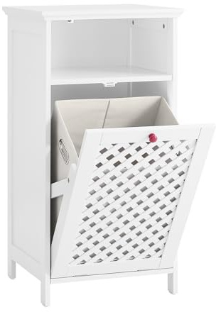 SoBuy Badrumsförvaringsskåp med tvättkorg och öppen hylla litet badrumsskåp E1 MDF och icke-vävt tyg smal badrumsförvaringsenhet med vävda dörrar och röda handtag 45 x 41,5 x 87 cm BZR211-W