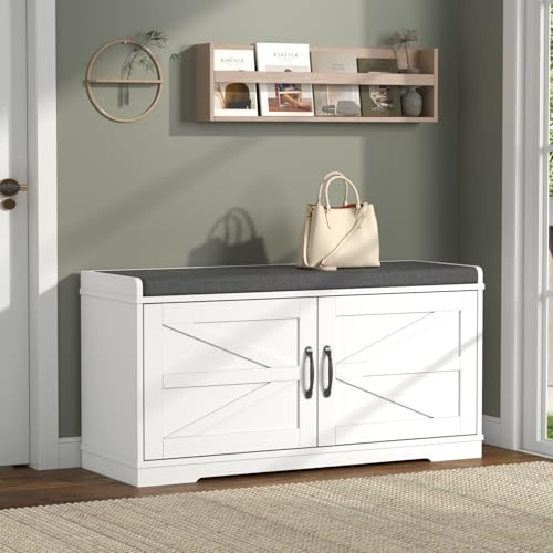 White Shoe Storage Bench with Seat, Shoes Cabinet Bench with 2 Doors, Shoe Rack Storage with Cushion for Entryway Hallways, Living Room, Bedrooms, Corridors, 35 x 100 x 50 CM