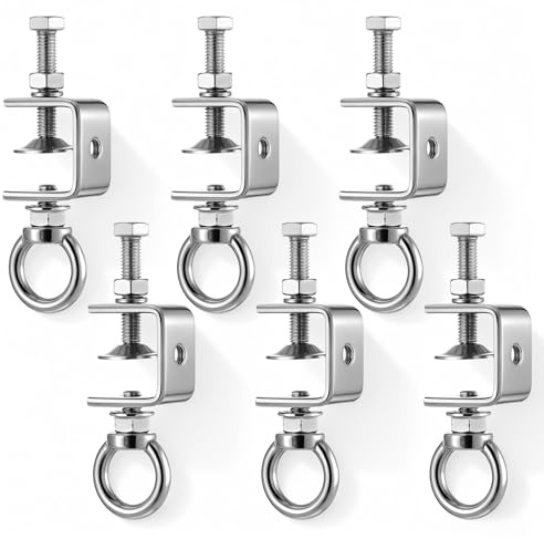 IANFAN 6 Pcs C-Clamps, 1 (25mm) Stainless Steel Beam Clamp with M8 Stainless Steel Screw Ring, I-Beam Design Clamps, Universal Desk Clamp for Metal Mounting Building Household