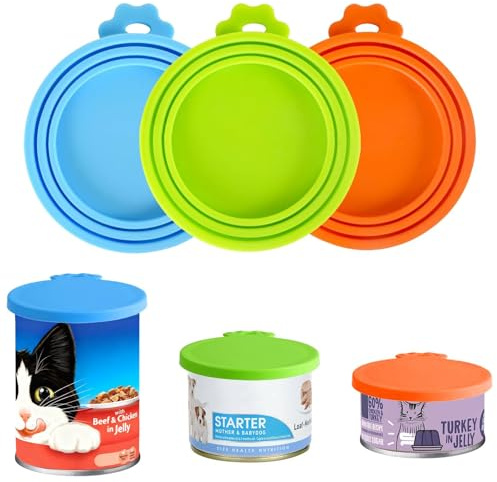 Henyall 3Pcs Pet Can Cover Lids,Cat Dog Food Covers,Universal Food Grade Silicone Can Lids for Tins,Reusable Tin Cóvers,1 Fit 3 Standard Size Cán Tops for Pet Cat Dog Food Storage (Orange+Blue+Green)