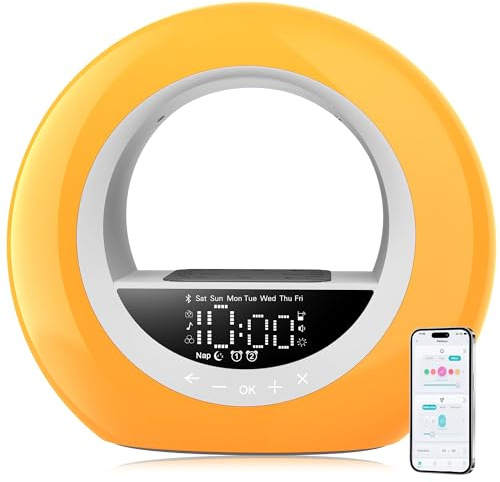 ARTINABS Tageslichtwecker, Lichtwecker Sonnenaufgang mit App-Steuerung, Bluetooth Lautsprecher, Sonnenaufgang & Sonnenuntergang Simulation, FM Radio, 16 Farben, 7 Naturgeräusche, 2 Wecker (Gelb)