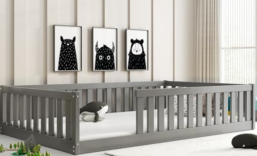 Interbeds Bodenbett Bella 120x200 mit Rausfallschutz & Lattenrost Kinderbett aus Holz Einzelbett Montessori Bed Gitterbett Kleinkindbett bis 120 kg Kiefer Holz massiv Junge Mädchen (grau, 120x200)