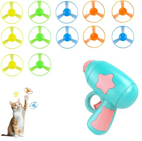 Voarge Set di giocattoli interattivi per gatti, 1 lanciatore blu e 12 volanti colorati, per allenamenti, fetch