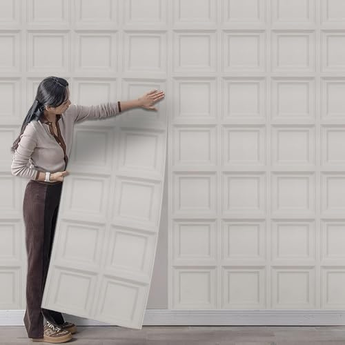Anttyscar Beige Cream Panel Wallpaper 3D Effect Textured Wood Panel Wallpaper Square Panelled Wallcovering for Living Room Bedroom Feature Wall A