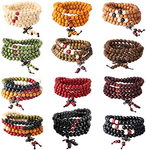 LOYALLOOK 12Pcs 108 Mala Bead Bracelets 8MM Buddhist Prayer Strand Sandalwood Wood Beaded Bracelet Necklace Elastic Handmade Multilayer Tibetan Buddha Link Wrist Bracelets Meditation Necklace Chain