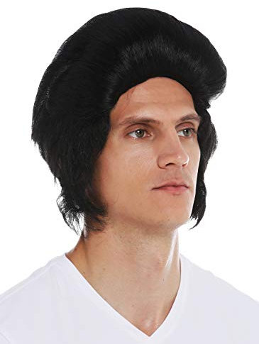 WIG ME UP- 7105-P103 Peluca Carnaval Halloween Hombres los 50 Rockabilly Negro tupé Patillas