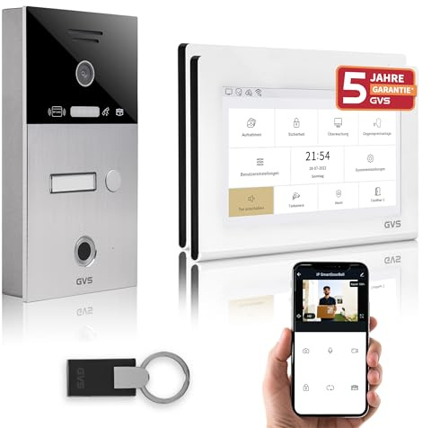 GVS - IP Video Türsprechanlage mit Türöffner, Fingerprint & RFID, HD Kamera, 2X 7 Zoll Monitor & App - Smarte Video Türklingel mit Kamera & Gegensprechanlage für 1 Familienhaus (AVS4472A)