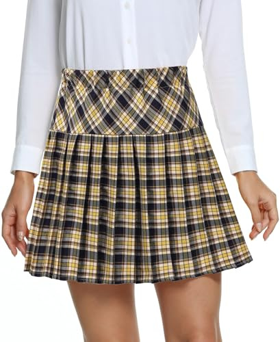 EXCHIC Mujeres Universitario Estilo Alta Cintura Plisado Mini Falda A Línea Tartán Falda con Forrados(M, 19)