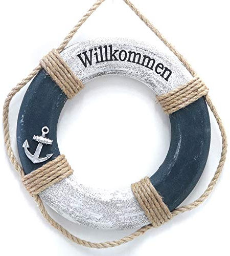 Dio Deko-Rettungsring mit Tau, 'Willkommen' und Anker-Deko, antik-weiß/blau, MDF, ca. 28 cm Ø