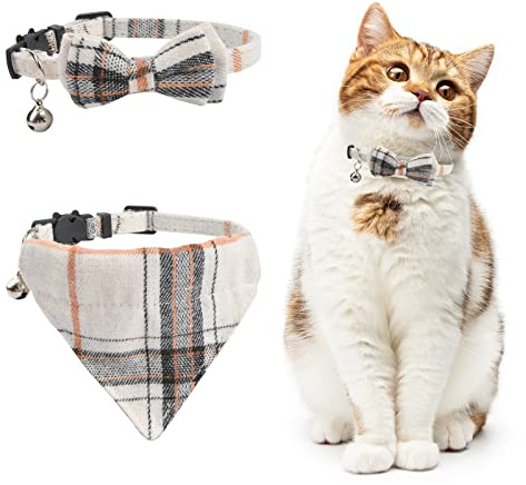 HACRAHO Katzenhalsband-Set, klassisch, kariert, mit Fliege, 28 cm, Weiß, 2-teilig