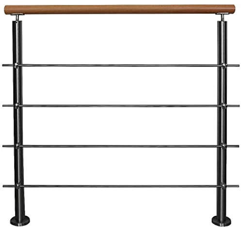 Ringhiera in acciaio inox, montaggio con corrimano in faggio, per interni, scale, ringhiere in legno V2A, con montanti orizzontali, variante: con 4 montanti, lunghezza: 0,6 m con 2 pali