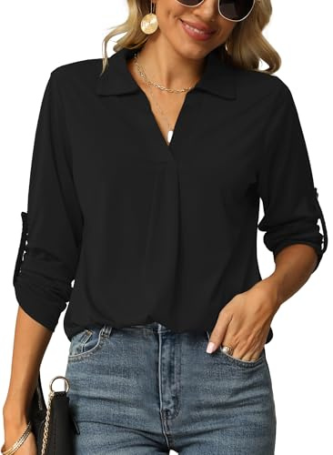 Odosalii Blouse for Women UK Long Sleeve Black Work Shirts Autumn Casual Elegant Tunic Tops Lightweight Chiffon Blouses Size 16-18