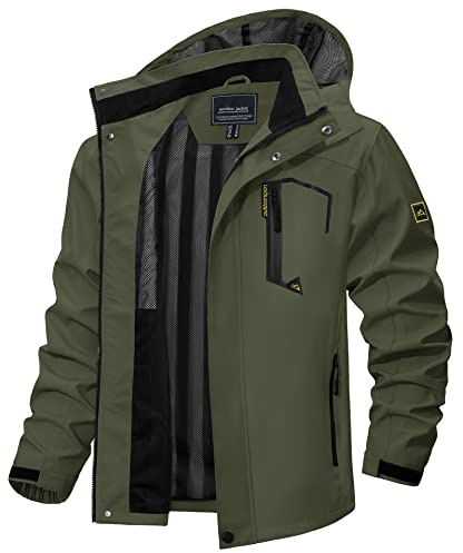 TACVASEN Giacca Di Transizione Uomo Giacca Impermeabile Giubbotti Funzionale Antiacqua Respirante Giubbotti Antivento Hoodie Verde Militare, XXL