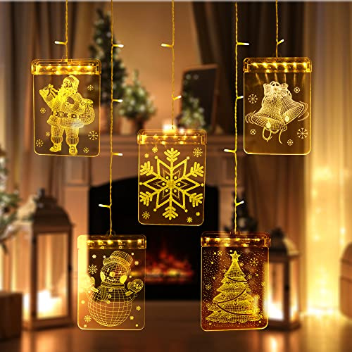 Festive Fix LED Christmas Window Lights Square – 54 LED 3D Acrylic Hanging Santa, Snowflake, Bells & Tree Designs, USB-Powered Light Up Xmas Window Decorations for Indoor & Outdoor Displays