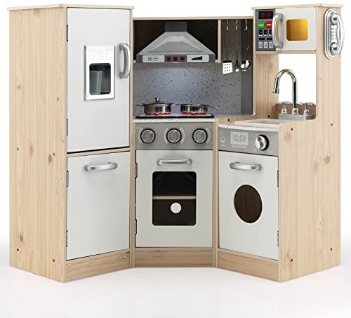 DREAMADE Kinderküche aus Holz, Kinderspielküche mit Waschbecken Herd Backoffen, inkl. Kochgeschirr, Holzküche, Spielküche mit Licht und Sound, für Kinder ab 3 Jahren