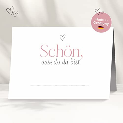 50 Tischkarten für deine Hochzeit | Herz rosa - Premium Platzkarte schön dass du da bist im Set, Sitzplatzkarte, Design Namenskarte für Gäste