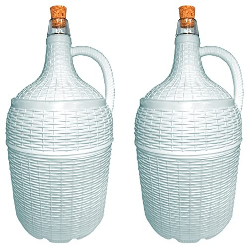 AC - Pack de 2 Garrafas/Garrafónes de cristal con forro con tapón, Boca estrecha, Botella forrada para almacenar agua, vino, bebidas, Hecho de plástico, 5 Litros, Color Blanco