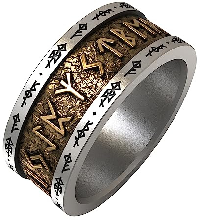 ForFox Nordischer Wikinger Rune Ring für Herren Damen Zweifarbig 925 Sterling Silber Elder Futhark Runen Alphabet Ring Bandring Größe 59