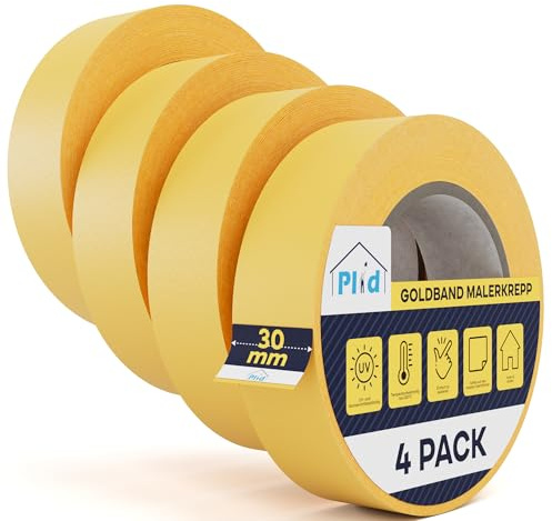 Plid Goldband Malerkrepp – 4 Rollen - 30 mm × 50 m – Malerklebeband | Kreppband | Abklebeband | Für Wand, Holz, Metall, Putz & Glas | Präzise Farbkanten | Innen & Außen