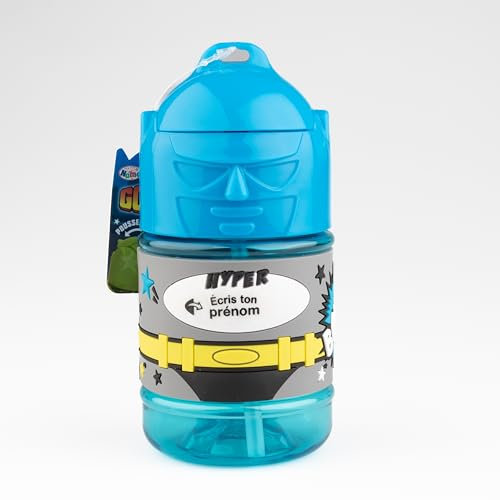 SUPER GOURDE Personalisierte Kindertrinkflasche, Wasserflasche mit Strohhalm, neutral, blau, Jungen