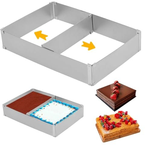 KOMUNJ Rectangular Adjustable Baking Frame, Adjustable Size and Divided, Routine Cake Baking and Cake Layers, 27.5 x 18.2 x 5 cm