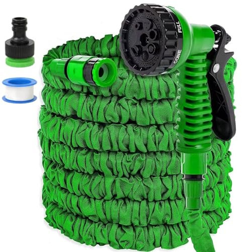 LINGKY Flexibel Gartenschlauch, 7.5M/25FT Flexibler Wasserschlauch mit 7 Funktionen Brause, Dehnbarer Garden Hose Schlauch für Gartenbewässerung, Haustier, Autowäsche (7.5M/25FT,Grün)