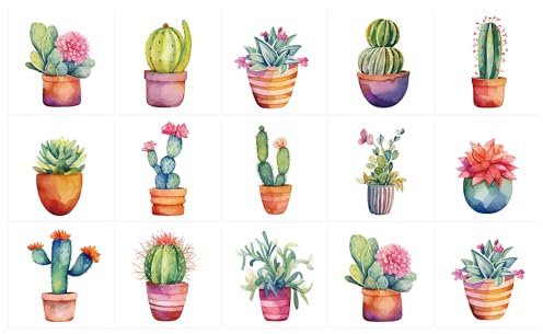 Ulticool Adesivi impermeabili per piastrelle - Pianta di cactus in vaso - 15 x 15 cm - 15 pezzi - Adesivo per piastrelle - Bordo per parete bagno - Cucina - Sticky Tiles