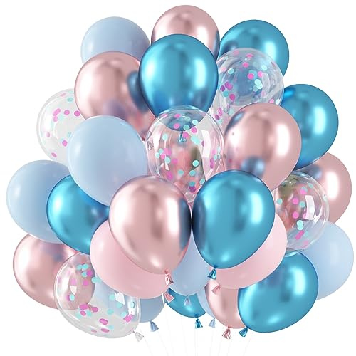 60 Stück Luftballons Rosa Blau, Macaron Blau Rosa Pink Weiß Luftballons, Blau Hellrosa Metallic Luftballons, Gender Reveal Balloon für Baby Shower, Kinder Geburtstag, Hochzeit Braut, Graduierung Deko