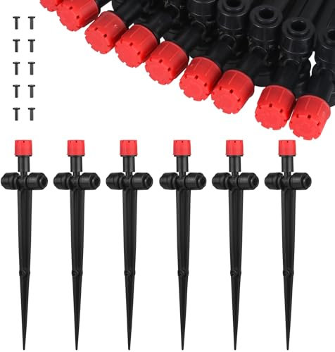 25 Pcs Water Irrigation Drippers, MSDADA Adjustable 360 Degree 8 Holes Irrigation Drip Drippers, Micro Drip Emitters with Stake, Watering System Accessories Fit for 1/4''(4-7mm) Garden Hose(Red)