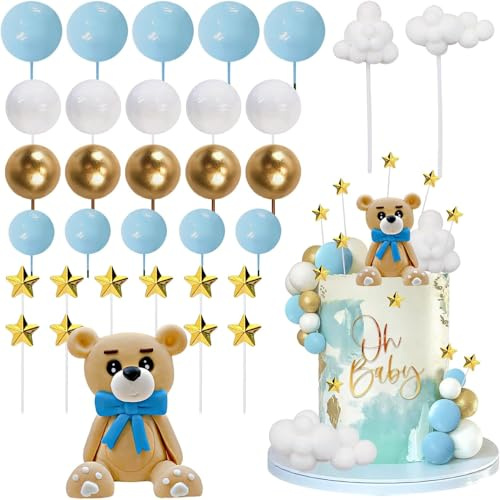 Morofme Bär Cake Topper 33 Stück, Bärchen Kuchendekoration mit Tortendeko Kugeln, Sterne, Wolken Cupcake Topper, Bären Kuchen Deko für Junge Mädchen Geburtstag, Hochzeit, BabyShower Theme Party Deko
