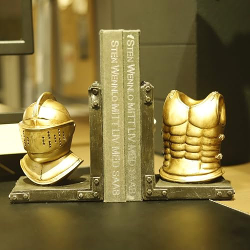 VICTAR DESIGN Buchstützen mit antikem Helm, 2 Stück, Buchstützen für Regale, Dekoration für Schreibtisch, Zuhause, Büro, rutschfeste Unterseite, Buchhalter, Figur, einzigartige Dekoration, goldenes