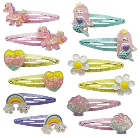 UEAVOID Lot de 6 paires/12 pinces à cheveux pour enfants, motif sirène, papillon, fleurs arc-en-ciel, barrettes à cheveux pour filles, barrettes à cheveux mignonnes, petites pour fête (Multicolore)