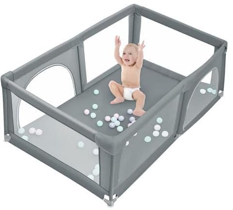 Laufgitter für Babys, 180 x 120 cm, modular, faltbar, großer Laufstall für Kleinkinder mit Reißverschlusstür, bringen Sie 50 Meereskugeln (dunkelgrau)