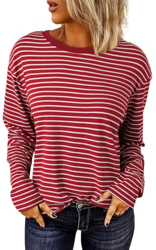 Dokotoo Langarmshirt Damen Rundhals Gestreift T-Shirt Basic Longsleeve Tee Lässige Oberteile Shirt Tops, rot, M