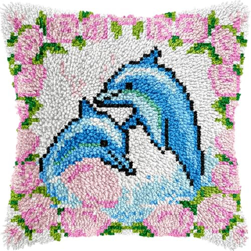 Kitquiver Diy Knüpfkissen Set Diy-Knüpfkissenbezug Mit Delfin-Tieren Und Blumen, Muster Bedruckt, Heimdekoration 17x17in