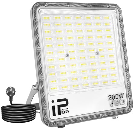 SKYWORLD 200W Focos LED Exterior, 20000lm foco led con enchufe, 6000K Blanco Proyector LED Exterior, IP66 Impermeable Luz de Seguridad, led Floodlight para jardín garaje terraza patio trasero