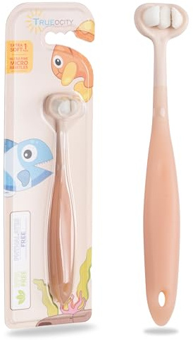 Trueocity Baby Toothbrush 12 Months and Up, Toddler Toothbrush, Extra Soft Toddler Toothbrushes 1-2 2-4, Toothhugger High Efficient 3 Sides,Infant Training Brush, 10,000 Ultra-Soft bristles (Apricot)