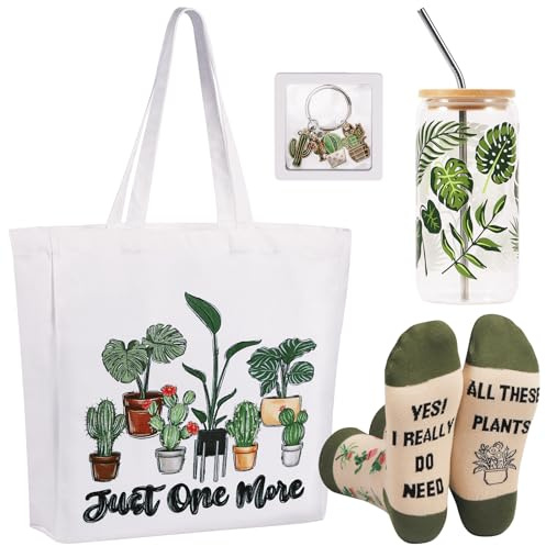 TAOVEEK 4 PCS Plants Lovers Gifts for Women, Plant Lady Mom Gardening Gifts for Birthday Christmas, 16oz Glass Cup Canva Tota Bag Plant Keychain Socks Gift Box
