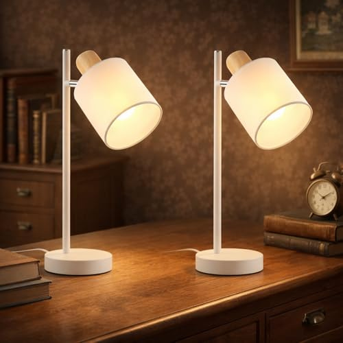 CBJKTX Tischlampe Holz Nachttischlampe Vintage 2er Set E14 Tischleuchte | Stoff Weiß Nachttischleuchte mit Kabel Drehbar Rustikal Schreibtischlampe für Schlafzimmer Nachttisch(ohne Leuchtmittel)