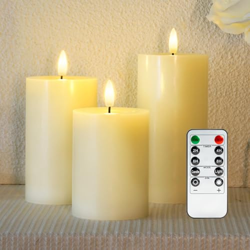 Homemory Wachskerzen ohne Flamme, Batteriebetriebene Kerzen mit Fernbedienung und Timer, Realistische LED Stumpenkerzen, Elektrische Fake Kerzen, Elfenbeinfarben, 3er-Set | Fernbedienung,Timer, 3D Flammenlose LED Kerzen, 500 std Elektrische Flackerkerzen,dimmbar,Hochzeit, Weihnachten,Wohnen Dekor
