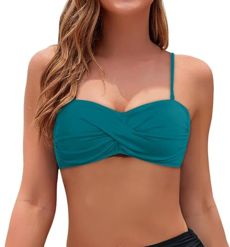 Solid Bikini Bras for Women Gathering Bathing Suit Tops Adjustable Strappy Bra Without Steel Ring Summer Swim Top for Ladies with Underwire Swimsuit Swimwear Swimming Costume (Dark Green, M)