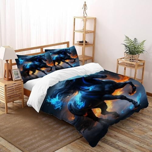 QIVELDE 3D Printed Black Horse Duvet Cover Set for Girls Boys 3 Piece Soft And Breathable with 2 Pillowcases with Zipper Double（200x200cm）