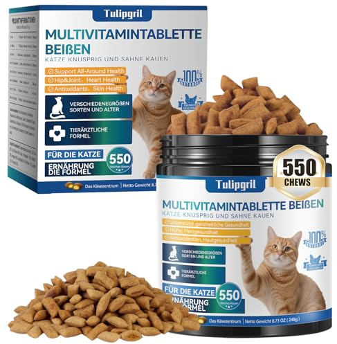 Tulipgril Katzen-Multivitamine 550 Kautabletten mit Eigelb- und Käsefüllung - Hühnergeschmack Haut- & Fellunterstützung mit Omega 3, Biotin, Vitaminen für Immunsystem, Herz, Augengesundheit