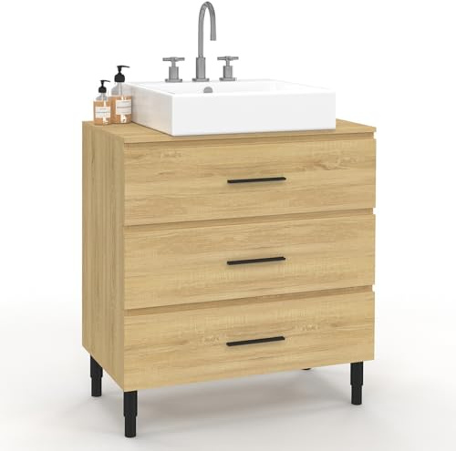 IDMarket - Meuble sous Vasque 80 cm Salle de Bain 3 tiroirs façon hêtre et Noir avec Pieds télescopiques