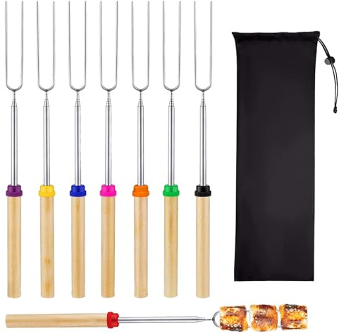 8 Stück Teleskop Grillspieße, Edelstahl Marshmallow und Stockbrot Spieße, Ausziehbar mit Isolierten Griffen, Ideal für Camping, Gartenpartys, BBQ und Lagerfeuer