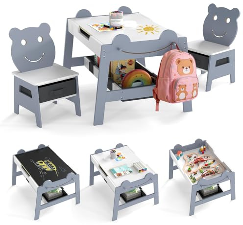 COSTWAY Barnbord med 2 stolar i björnform, målbord 5-i-1 med vändbar tavla, whiteboard, 4 krokar och tygbehållare, barnstolsgrupp med lagringsutrymme för barn från 3–10 år (grå)