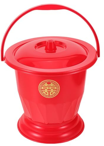 UTHCLO Orinal Portátil Rojo de Plástico con Tapa y Asa, Cubo Inodoro Compacto para Bodas Chinas, Escupidera Festiva Resistente y Fácil de Limpiar, Uso para Ancianos, Embarazadas y