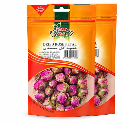Anjoman Edible Dried Rose Buds 2x25g | Culinary Grade Whole Rose Flower Petals for Tea, Baking, DIY Skincare & Floral Baths | 2-Pack